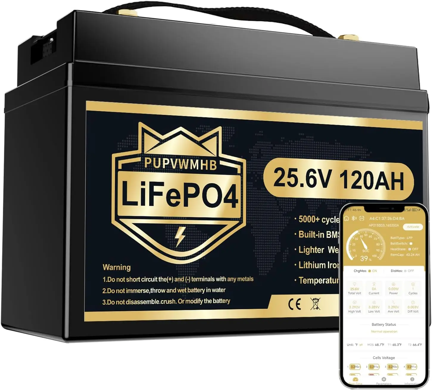 24V Lithium Battery, 3840W Load Power, 24V 120AH Mini LiFePO4 Battery, Built-in 150A BMS & Bluetooth, Up to 15000 Deep Cycles, P