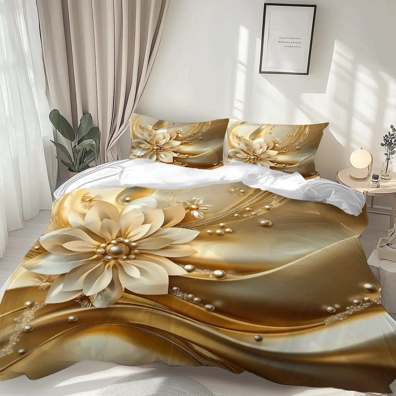 

Latacaca 3pcs Golden Floral Wave Cozy Duvet Cover Set with One Quilt Cover And Two Pillowcases Bedding Set
