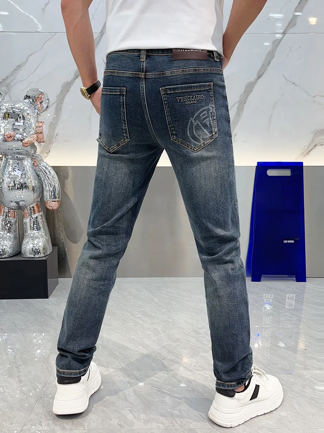 

Blue Waed Pure Color Men's Slim Fit Elastic Denim Jeans Autumn Winter Faion Casual Straight Leg Trousers Comfortable Brea...