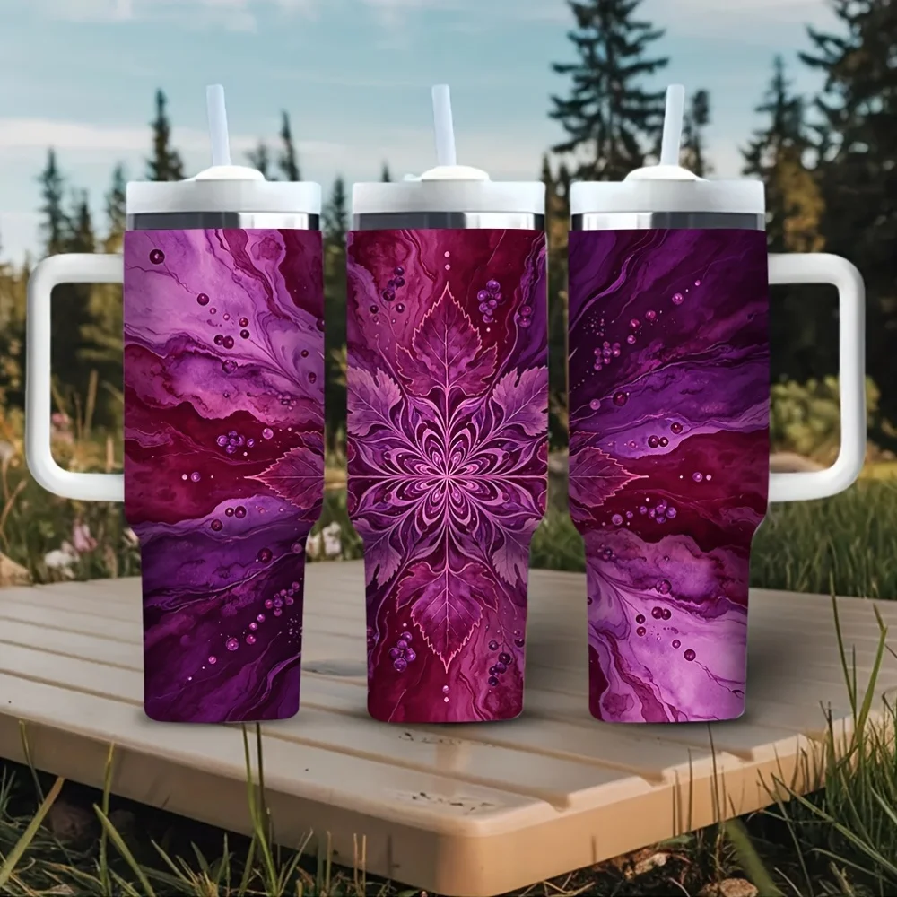 Purple Abstract Mandala Pattern Printed 40Oz Tumbler with Handle, Suitable for Men And Women Daily Use, Ideal for Outdoor Travel Camping Hiking Picnic, Perfect for Both Hot And Cold Drinks