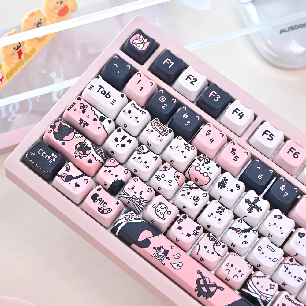 Capuchons de touches Meow polyvalents MAO, tête de chat mignonne, Style dessiné à la main, PBT, Sublimation thermique, noir, rose, pour clavier mécanique