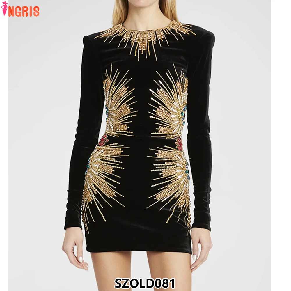 

Black Women Party Dress Beaded Plus Size Velvet Ladies Luxury Mini Evening Dress-SZOLD081