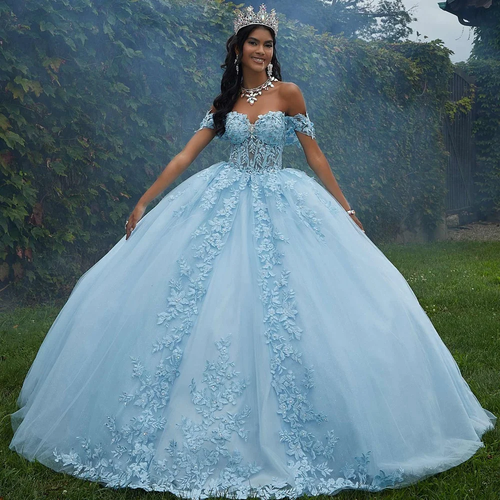 EVLAST мексиканское синее платье Quinceanera бальное платье с кристаллами и бисером кружевные аппликации корсет с бантами Sweet 16 Vestido De 15 лет TQD079