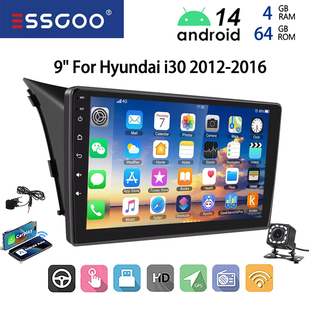 ESSGOO 9" Touchscreen 2DIN Display Android 14 Voor Hyundai i30 2012-2016 Draadloze CarPlay Android Auto Autoradio GPS Navigatie FM BT RDS Mirror Link Multimedia Speler