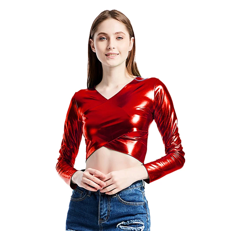 Manga comprida brilhante metálico colheita topo trajes de dança t camisa moda feminina com decote em v topos para clubwear roupas de festa de dança
