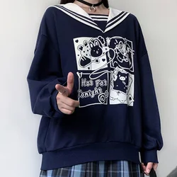 Japanese Preppy Style JK Student Teen Girl Casual Sweatshirt Patchwork Sailor Collar Cartoon Print Kawaii Hoodies Bestie Clothes