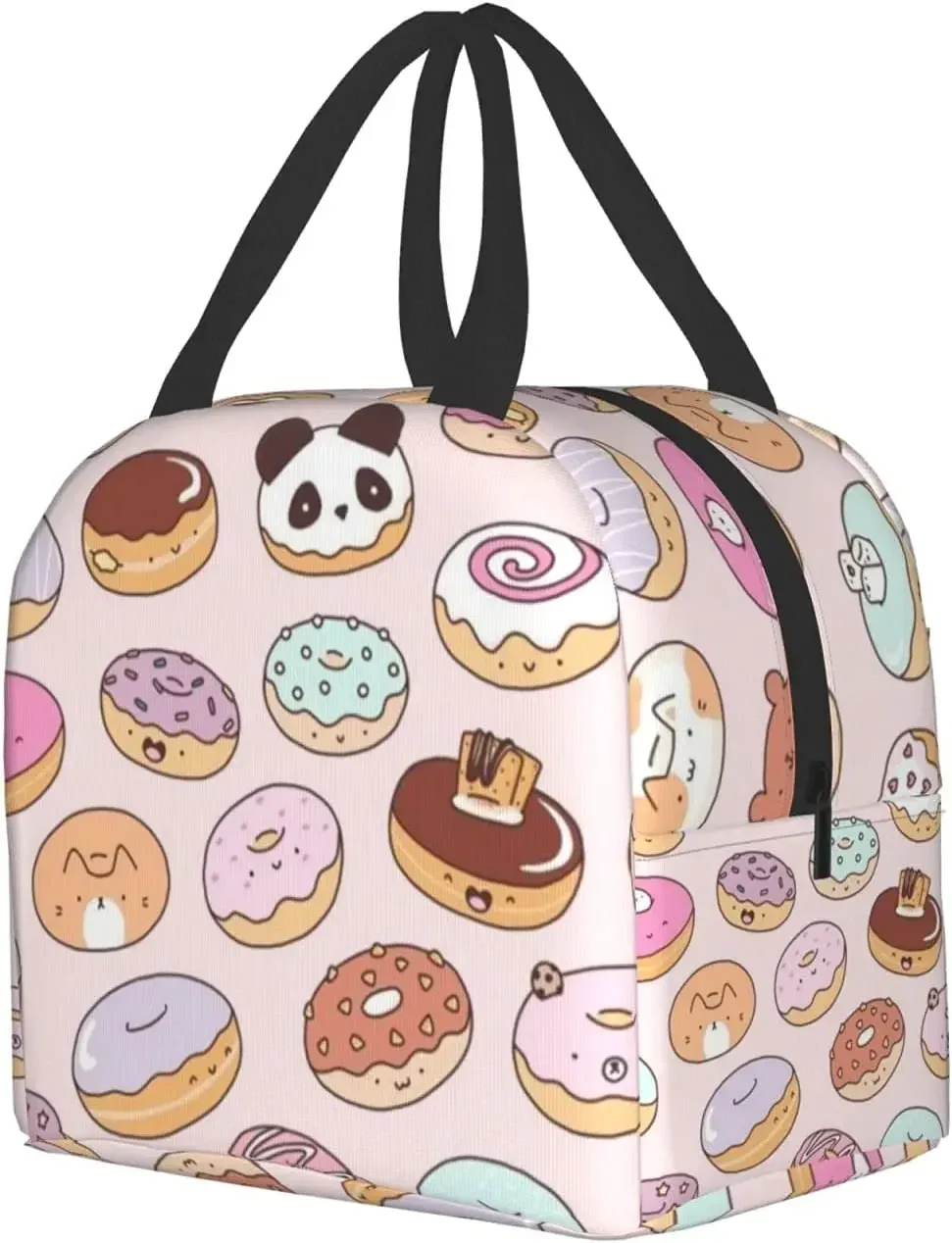 Kawaii Donuts Insulated Lunch Bag Reusable Lunch Box for Girls Cooler Lunch Tote Bag with Front Pocket for School Picnic Office