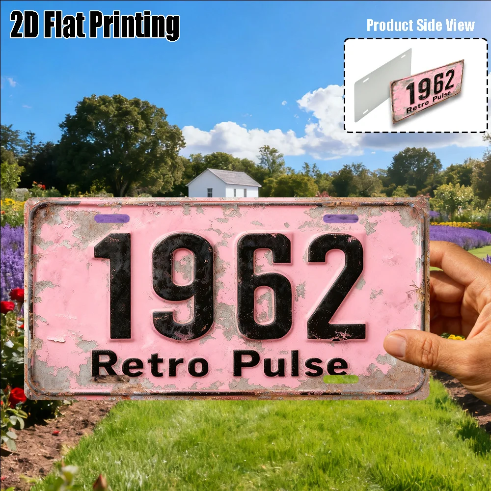 2D Flat, 1pc 1962 Retro Pulse Vintage Metal License Plate Aluminum Sign with Light Pink Background & 1962 Design
