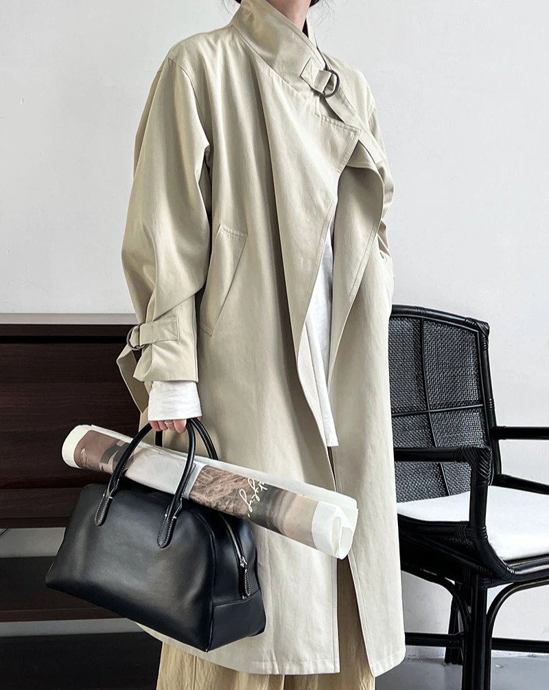 

Women Trench Coats Solid Jackets Mid Length Adjustable Pocket Stand Collar Long Sleeves Loose Fit Casual Office Lady 2026 Autumn