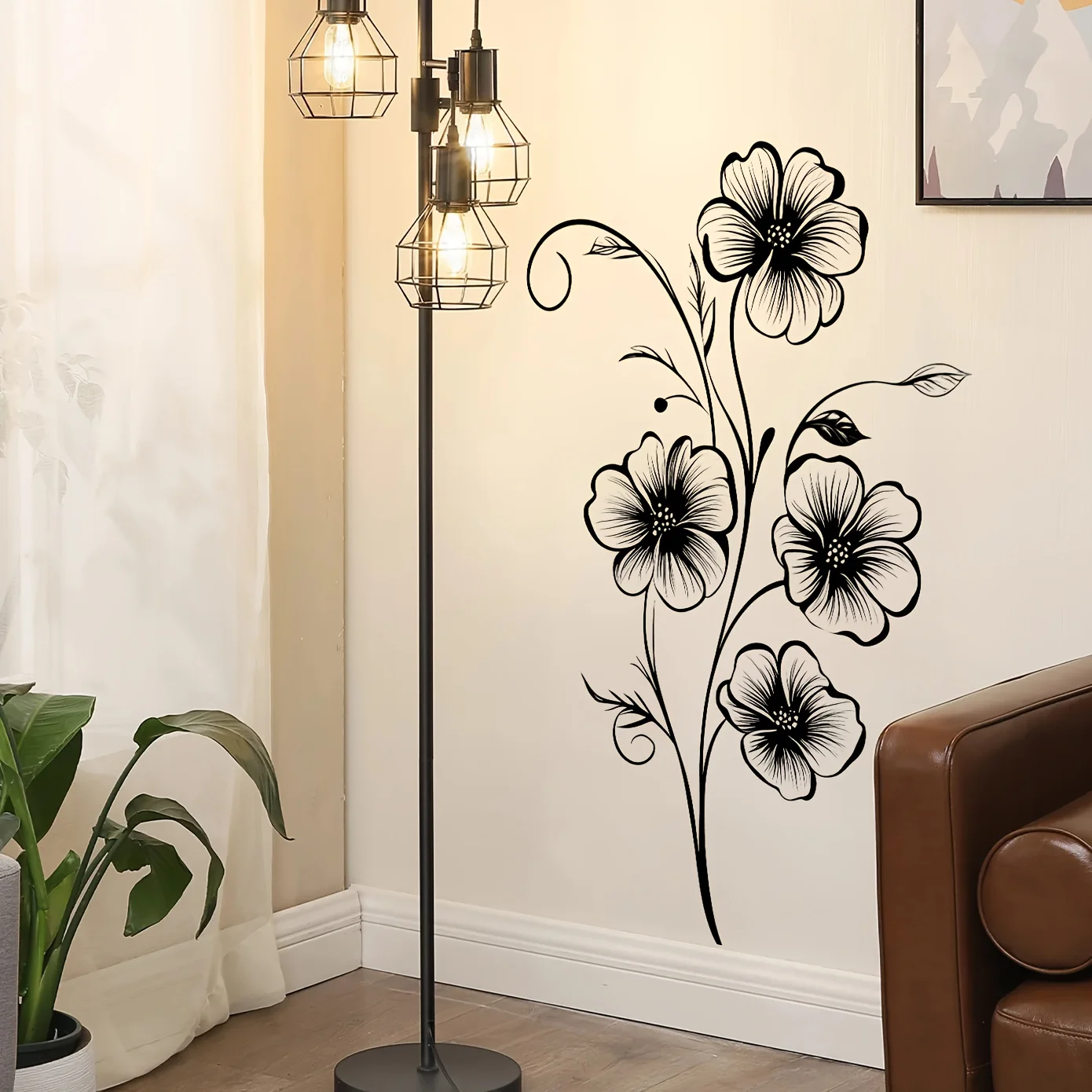 1pc Black and White Line Flower Wall Sticker,Self-Adhesive,Suitable for LivingRoom,Bedroom,Entryway,Creative Gift for Home Lover
