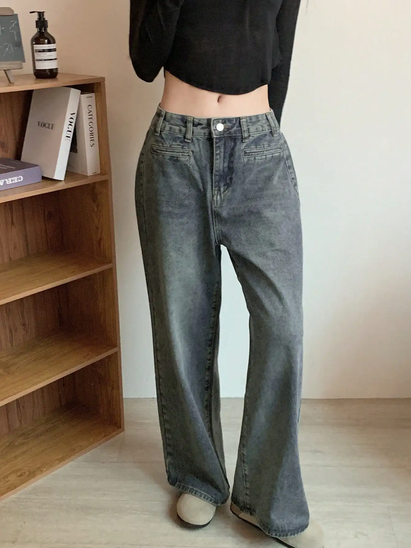 Korean Chic Early Autumn American Retro High-Waisted Slimming Look Drapedy Wide-Leg Pants for Small People Tall Straight Jeans for Women Iqojian Individual Cymbals