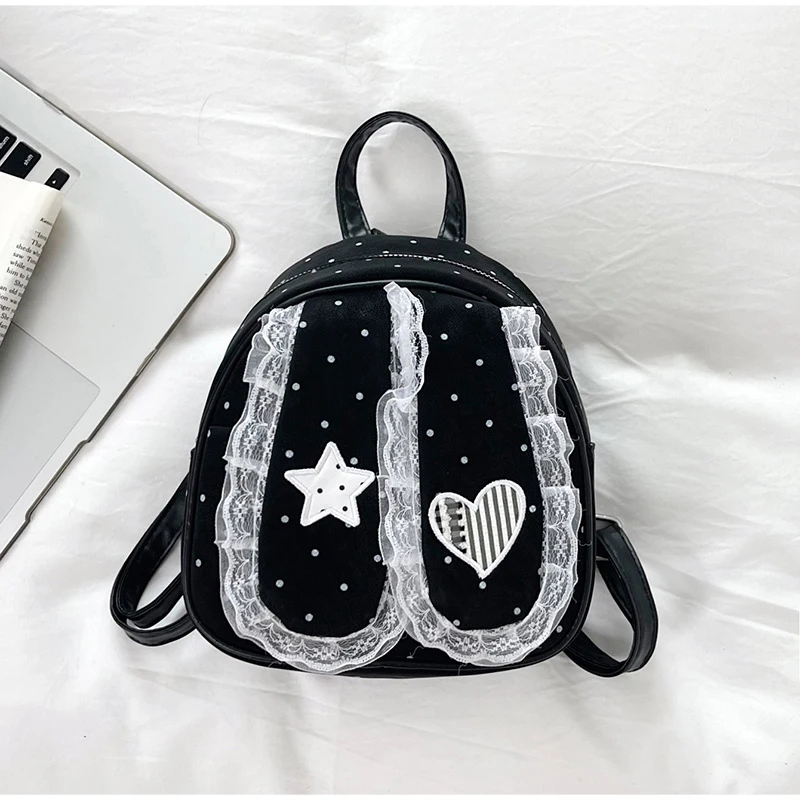 Sweet Cute Rabbit Ear Shaped Student Backpack Korean Contrasting Dot Lace Decorative Shoulder Bag New Lightweight Women Handbag