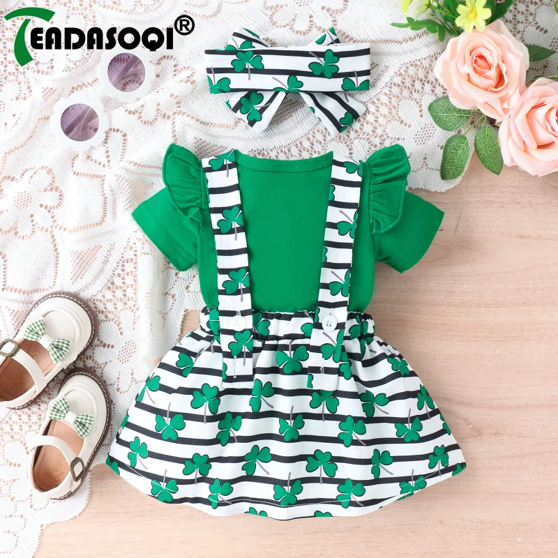 0-18M Summer Newborn Baby Girls St Patrick s Day Outfits Clover Prints Long Sleeve Romper Skirt Bowknot Headband 3Pcs Kids Set