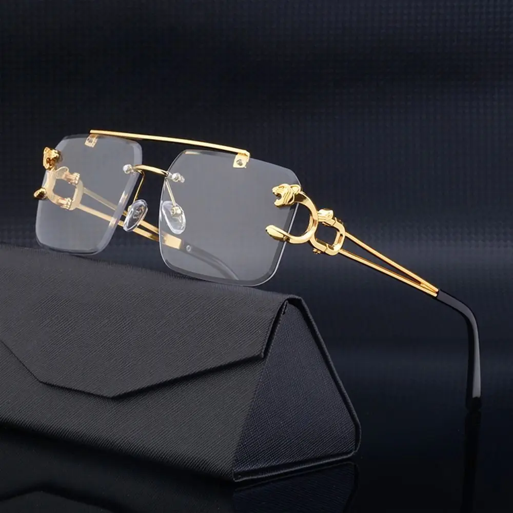 Steampunk Rimless Square Sunglasses Men 2023 Luxury Brand Designer Gold Lion Decoration Sun Glasses for Women Vintage Eyewear