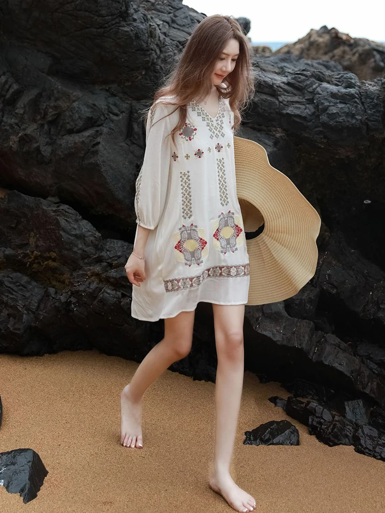 KHALEE YOSE Boho Floral Embroidery Summer Dress White Long Sleeve V-neck Loose Women Vocation Ladies Party Dresses Vestidos New