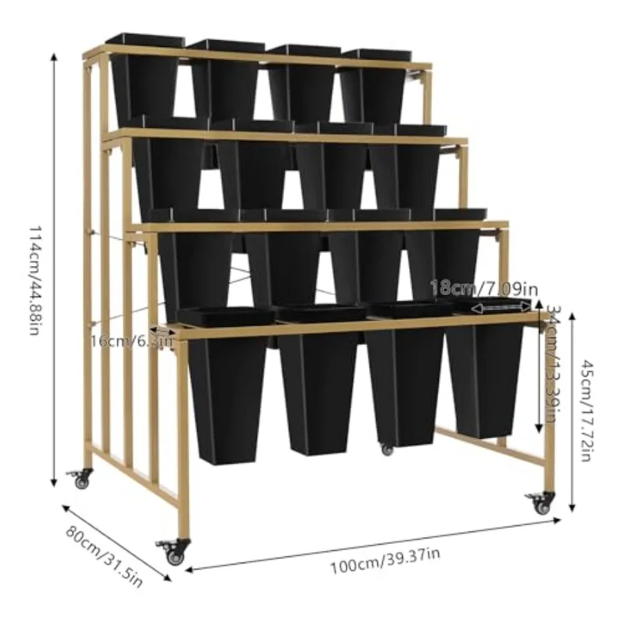 حامل عرض الزهور مع 16 دلوًا و4 طبقات حامل نباتي مع عجلات عالمية ورف باقة زهور متحرك عالي التحمل للمنزل #3
