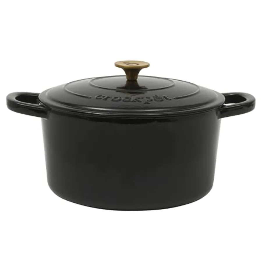 

Чугунная круглая жаровня Crock Pot Artisan объемом 7 кварт с крышкой, черная эмалированная отделка, золотая ручка, прочная, сверхмощная посуда для тушения