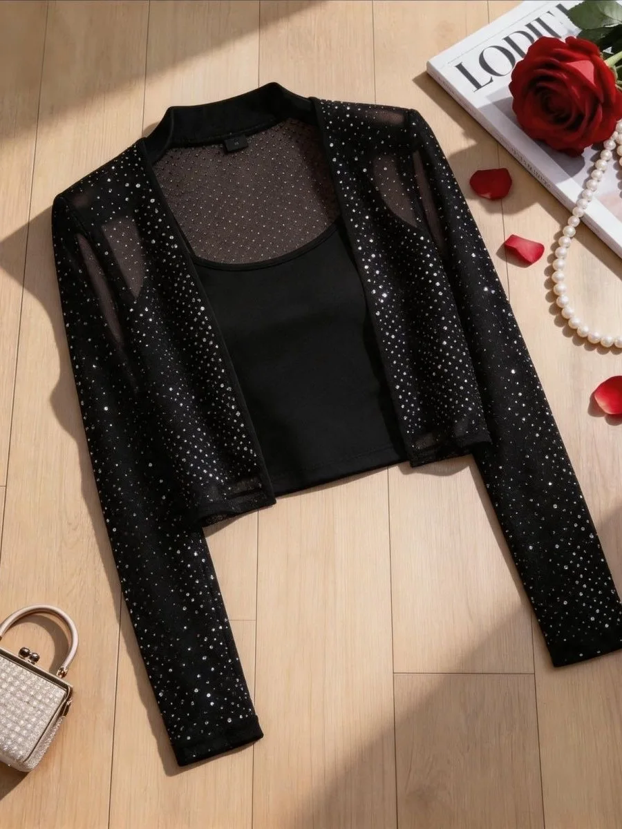 plus Size Women's Star Diamond Embellished Short Mesh Cardigan Shoulder Wrap Jacket Lightweight Breathable Comfortable Fashio...