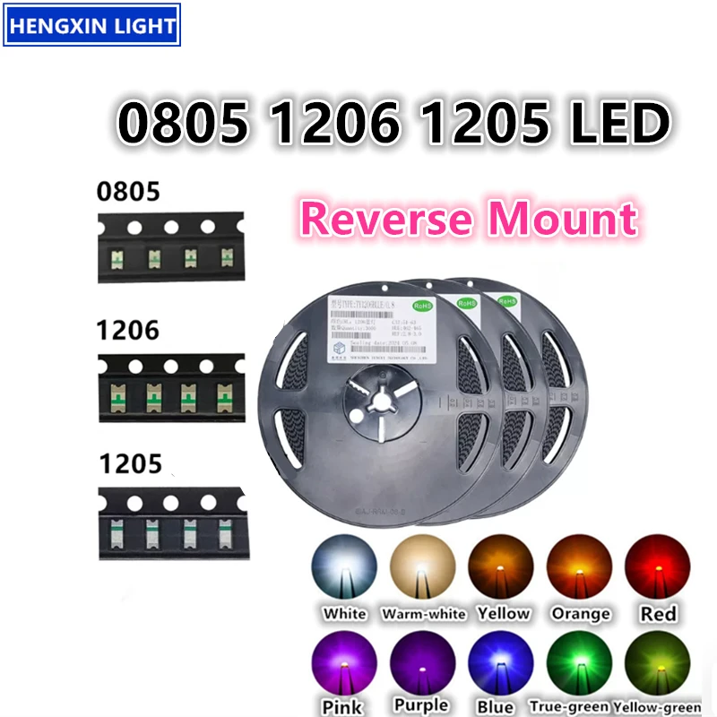 100PCS Super Bright 0805 1206 1205 SMD LED, Reverse-mount, Red, Yellow, Blue, Green, Orange, White, Light Emitting Diode