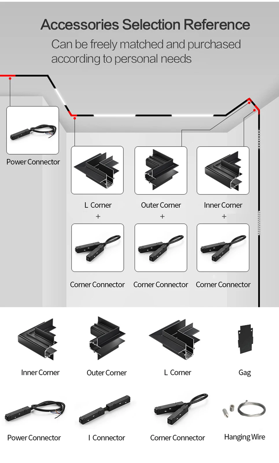 2m Magnetic Rail Linear Magnetic Track Lighting Accessories 2 Meters Ceiling Magnet Track Kits 48V Power Supply Corner Connector
