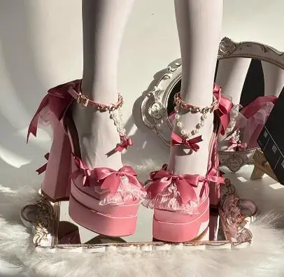 Sweet Girls Pink Satin Butterfly Knot Ribbons Pearl Beading Chain Thick Sole Double Platform Chunky Heels Lolita Pumps Sandals