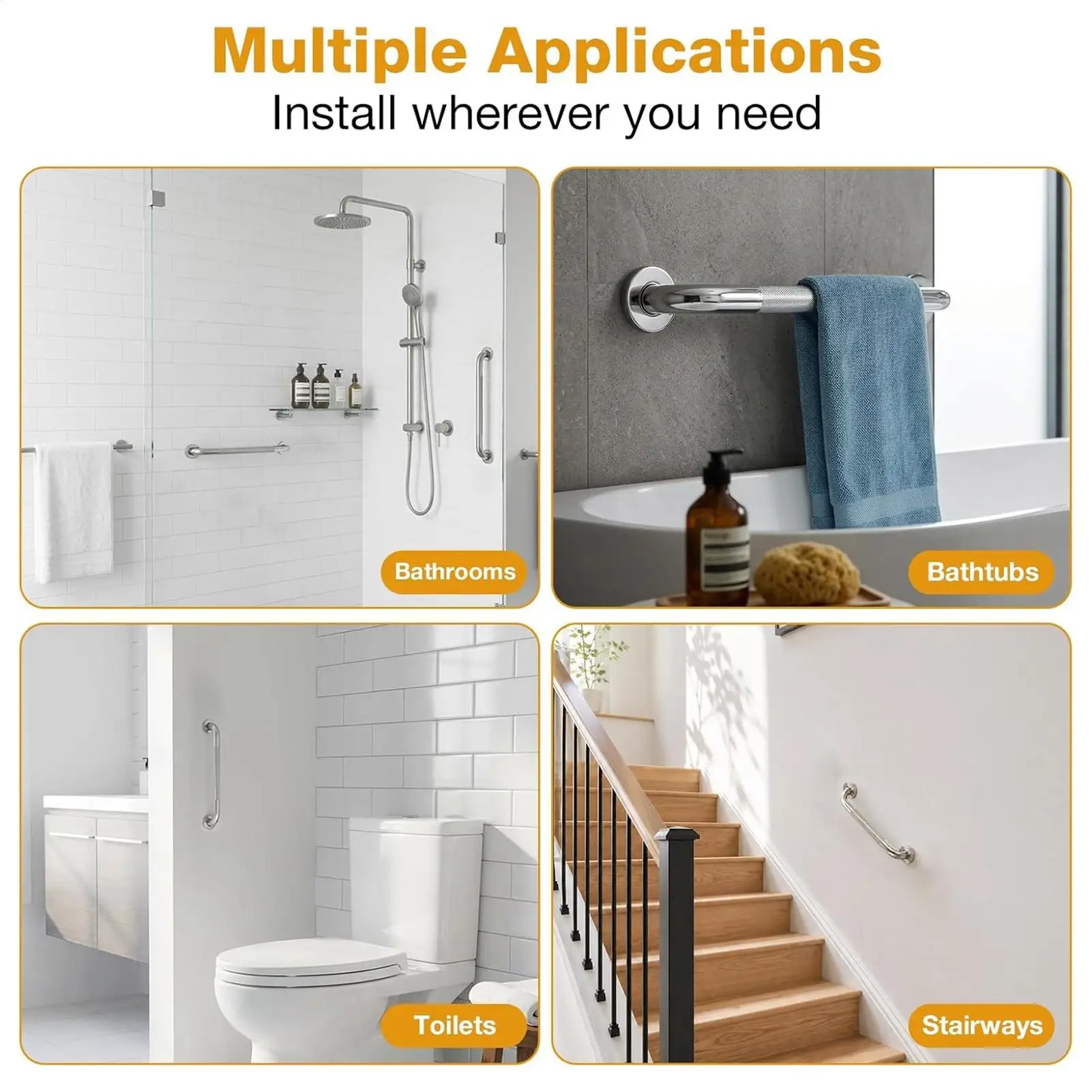 

Shower Handle Anti-Slip Heavy Duty Stainless Steel 3-Piece Bathroom Toilet Assist Bar For Women Men Elderly Disabled Daily