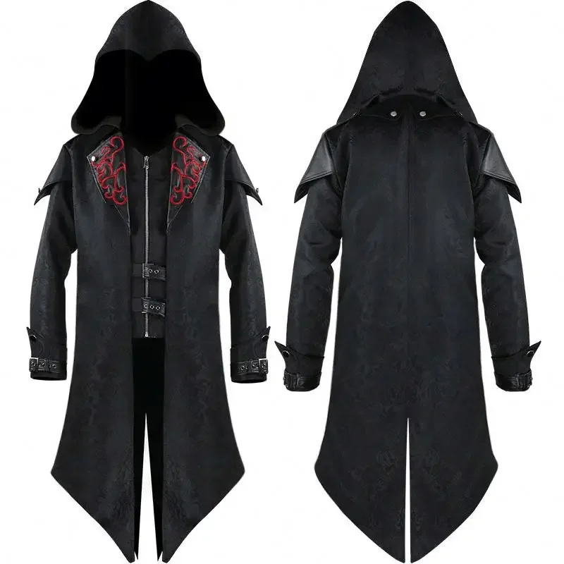 Medieval Retro Hooded Clothing  Long Sleeve Steampunk Gothic Swallowtail PU Jacket Halloween Cosplay Uniform