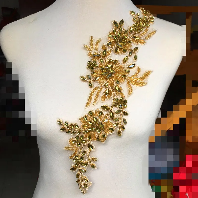 Gold Crystal Beaded Applique for Garments Dress Ornaments Peacock Green Glass Rhinestone Long Flower Embroidered Red White Trims