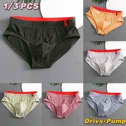 1/3PCS Men Briefs Mid Waist Elastic Soft Breathable Anti-septic U Convex Striped Solid Color Casual Men Underpants underwear men