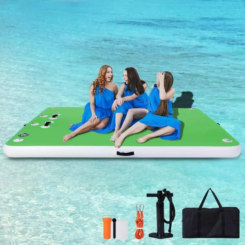 Inflatable Floating Dock for Lakes, Floating Island Raft for Pool Beach Ocean Boat (Green, 8 * 6 FT)