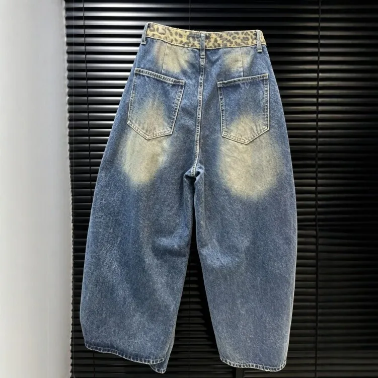 Leopard Print Wide Leg Jeans Mid Rise Streetwear with Distressed Patchwork Regular Thickness Washed Autumn Pocket Women Pants