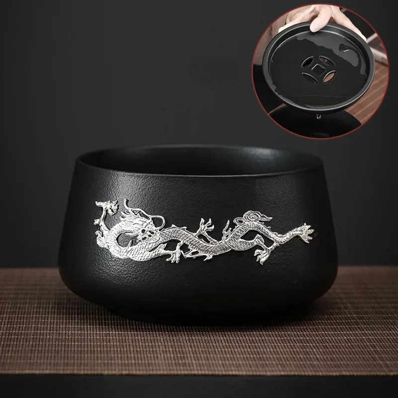 Black Pottery Ceramic Tea Washing With Cover Large Household Tea Residue Jar Jianshui Bowl Cup Washing Bowl Kung Fu Tea Ceremony