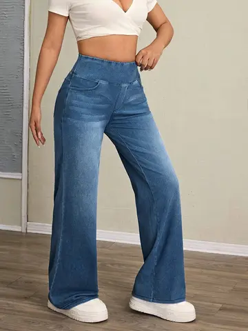 Hoch sitzende Damenjeans mit weitem Bein und Bauchstraffung, schmale Passform, aus Stretch-Denim-Stoff, sind stilvoll für den lässigen Alltag