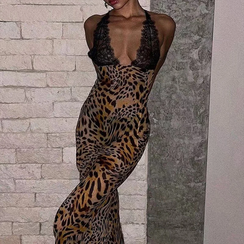 

Women Y2K Leopard Backless Maxi Dress Lace Patchwork Deep V Neck Long Dress Fairy Coquette Sexy Beach Dress Cocktail Club Party