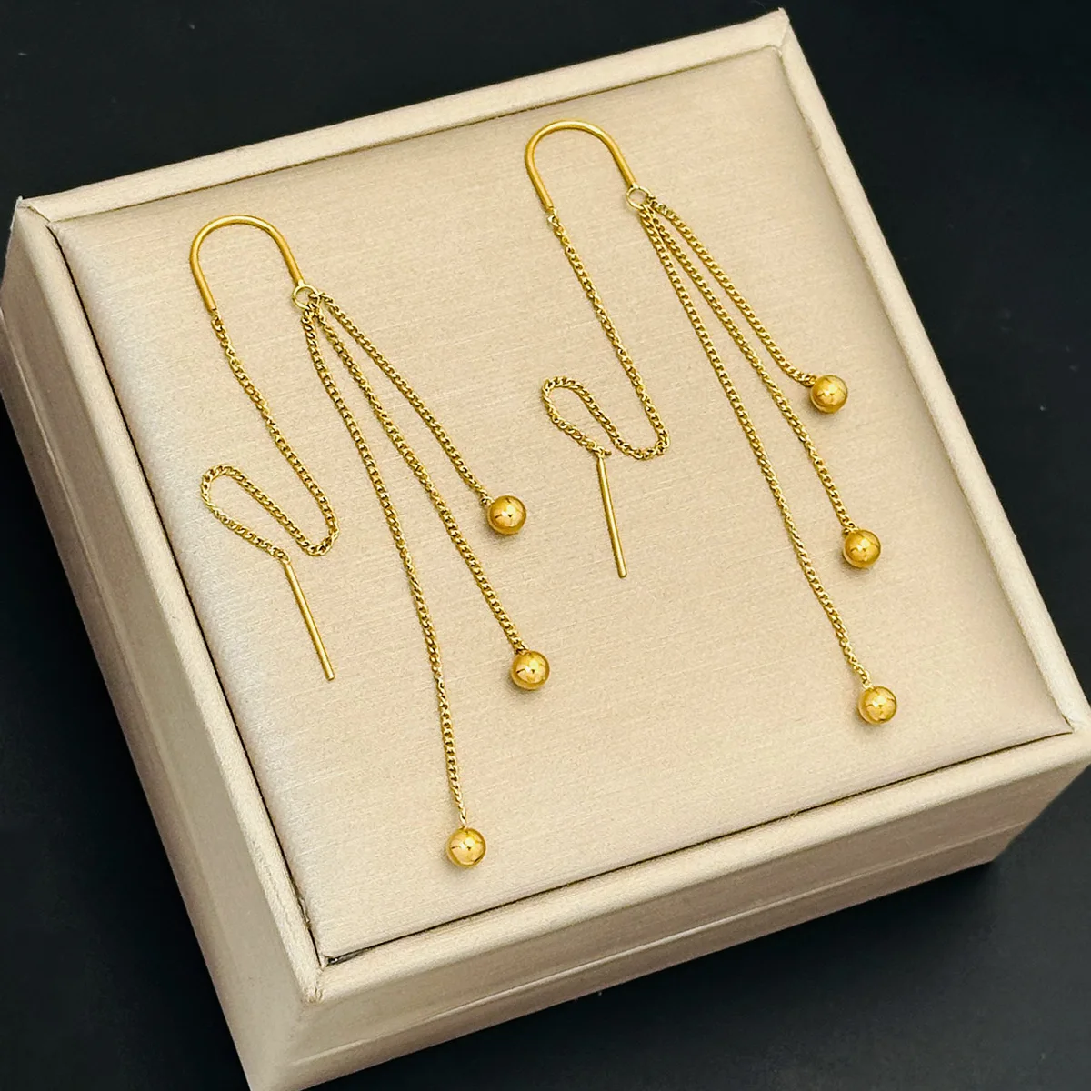 Charm Gold Color Stainless Steel Ball Long Drop Dangle Earrings for Women Exquisite Trendy Bride Ear Line Jewelry Gift Colorfast
