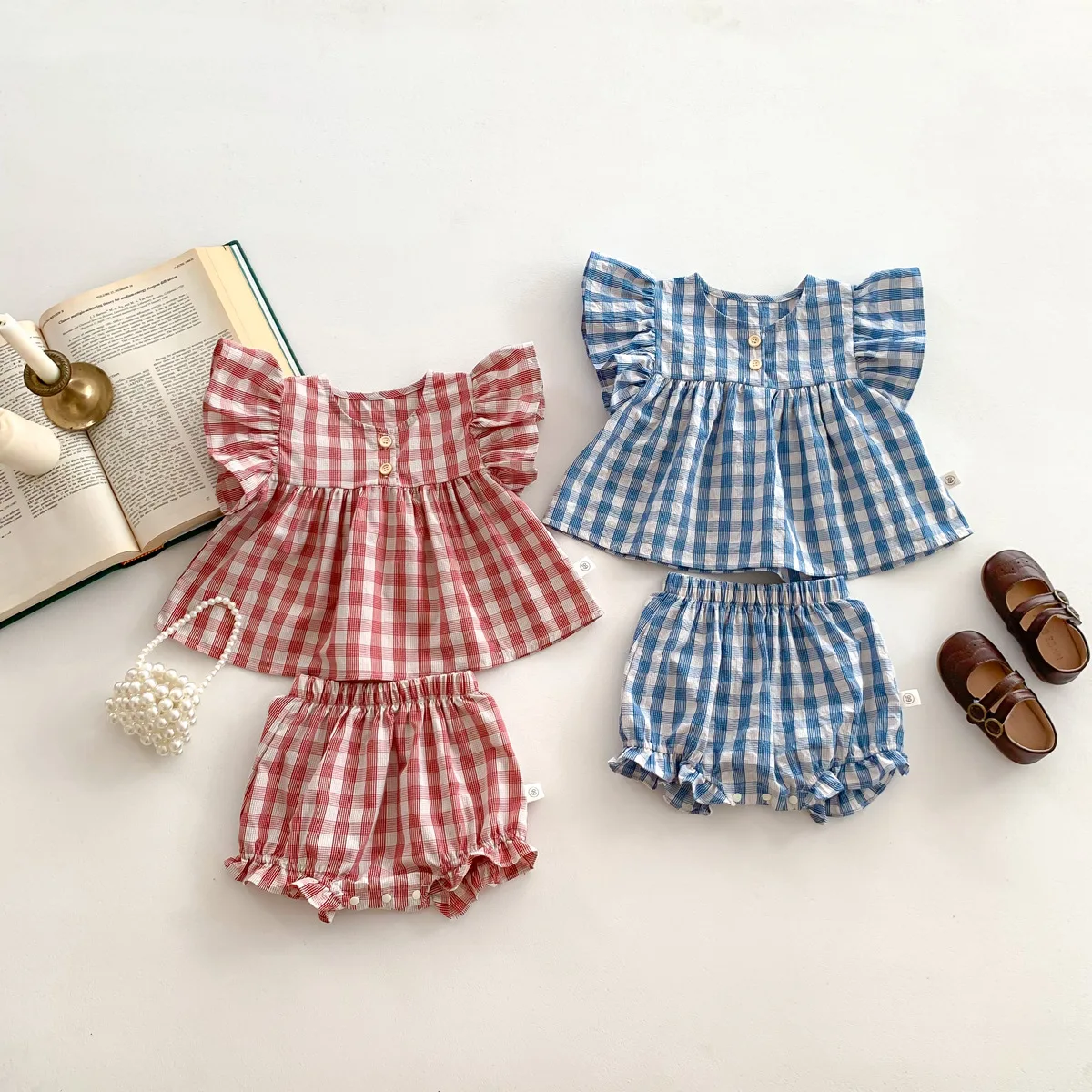 MILANCEL 2Pcs Baby Girls Clothing Set Plaid Tee And Shorts 2 Pcs Girls Outfit Toddler Clothes Suits