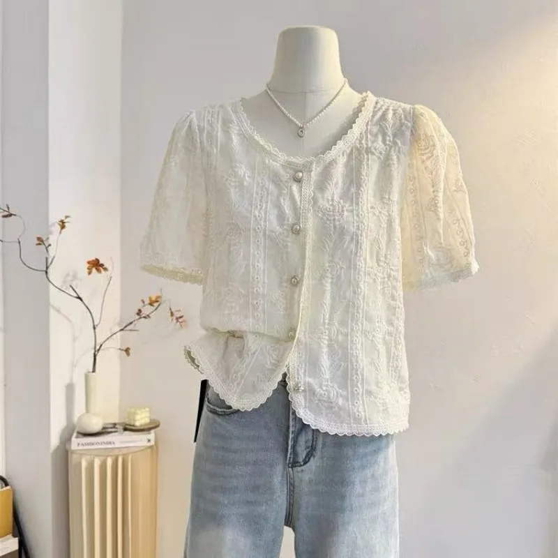 

Women Clothing Summer Fashion Casual Button Solid Color V-neck Women Shirts All-match Vintage Trend Short Sleeve Embroideredtops