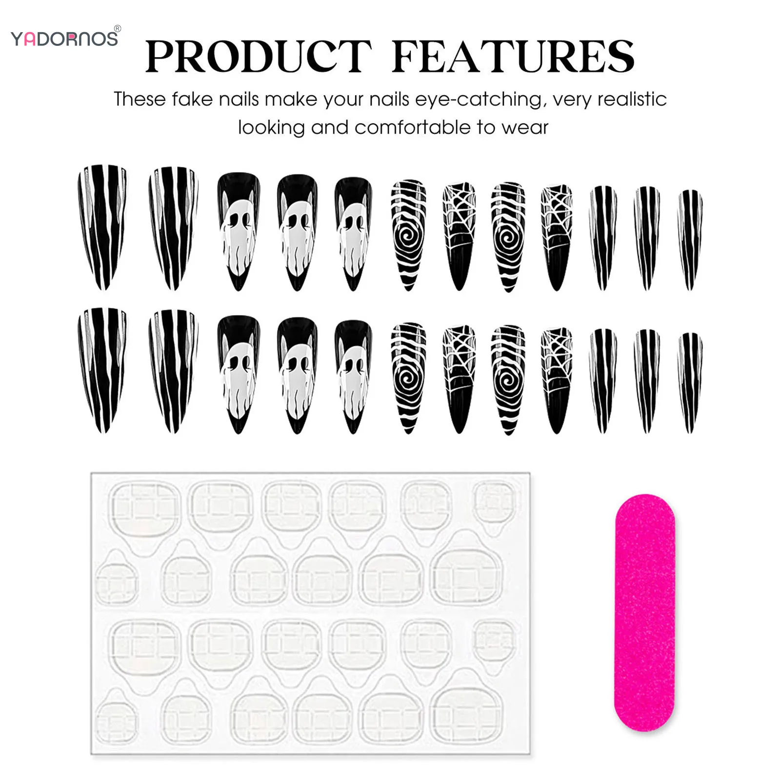 Faux Ongles Stiletto Longs Brillants pour Halloween, 24 Pièces, à Pression, Fait à la Main, Motifs à Rayures Fantômes, Couverture Complète, N64.N64.