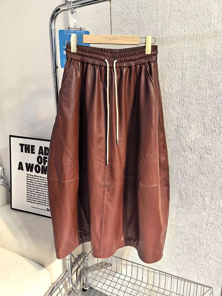 High Quality Women Mid Calf Long Lantern Skirt Vintage Ladies Loose Fit Elastic Waist Natural Sheepskin Genuine Leather Skirt