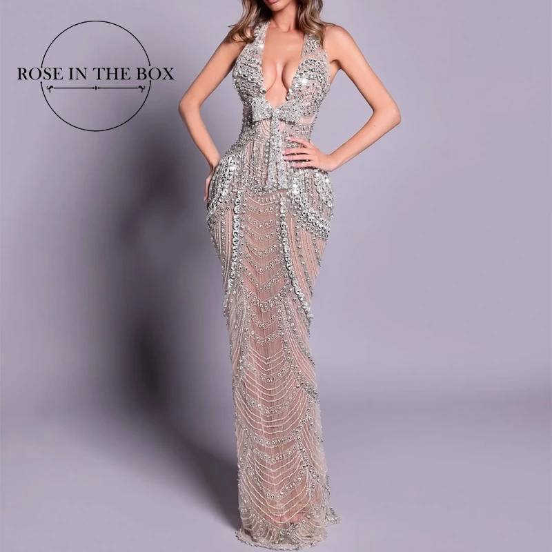 ROSEINTHEBOX Luxury Sliver Designer Evening Dresses with Sparkling Crystal Gowns For Woman wedding party Customized image 4