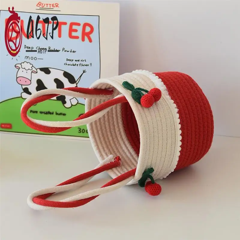 

A67P-милая вишневая тканая сумка, хлопковая сумка для хранения, маленькая пляжная сумка для свежего пикника, подарочная сумка