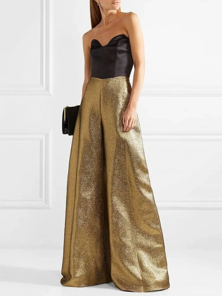 

Onecozyday Women's Sexy Gold Pants Zippered High Waist Slim Fit Wide Leg Trousers Floor Length 2025 Fashion Bottoms for Female