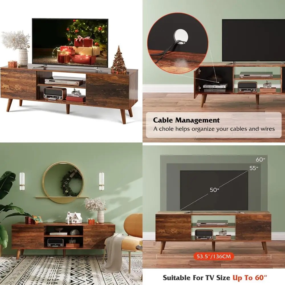 

Retro Brown Mid-Century Modern TV Stand for 50-65 Inch TVs, Entertainment Center with Soft-Close Shelves and Storage for Living
