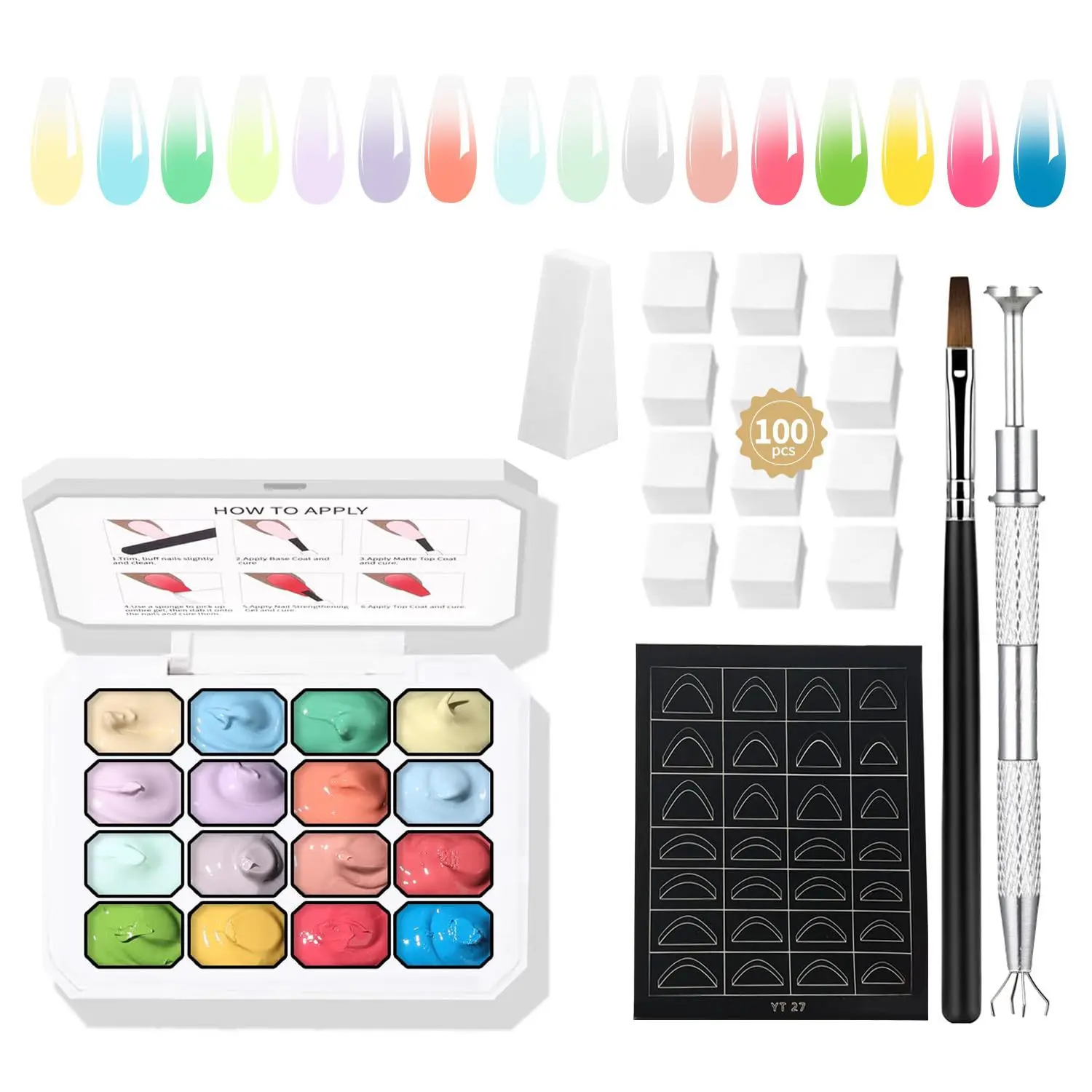 

16 Colors Gradient Painting Gel Palette with 100pcs Mini Sponge Set French Ombre Gel Nail Polish for Pigmented Manicure