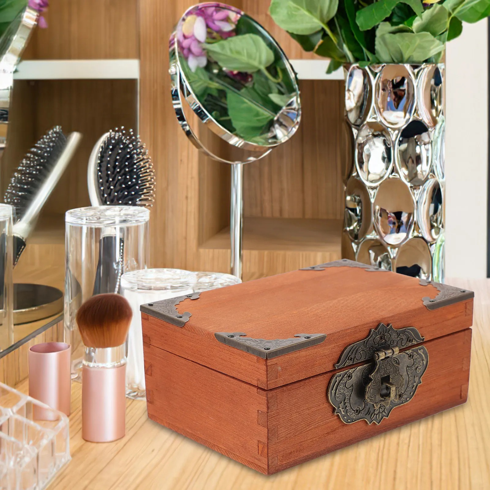 1Set Vintage Storage Case Lock Rectangular Wooden Box Retro Style Home Storage Organizer Desktop Decoration Retro Style Case