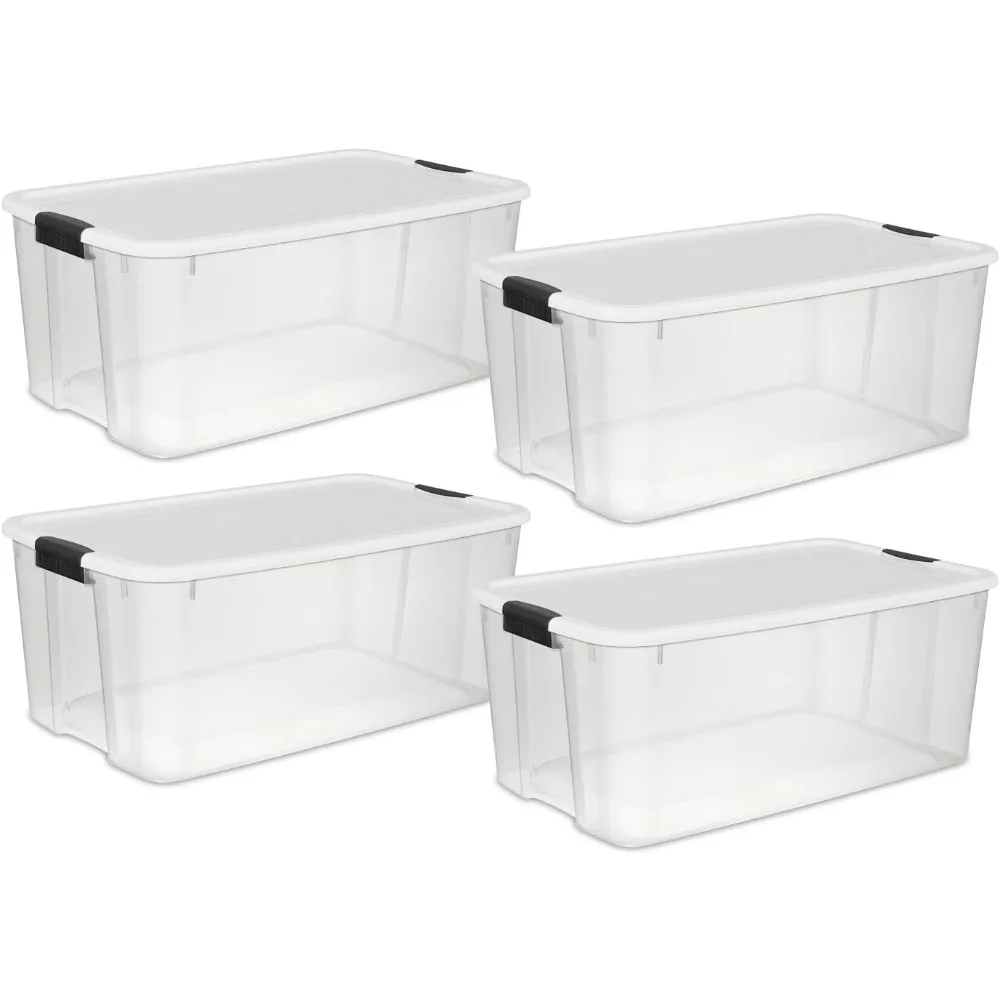 16 Qt Ultra Latch Box, Stackable Storage Bin with Lid, Plastic Container with Heavy Duty Latches to Organize, Clear and Whit