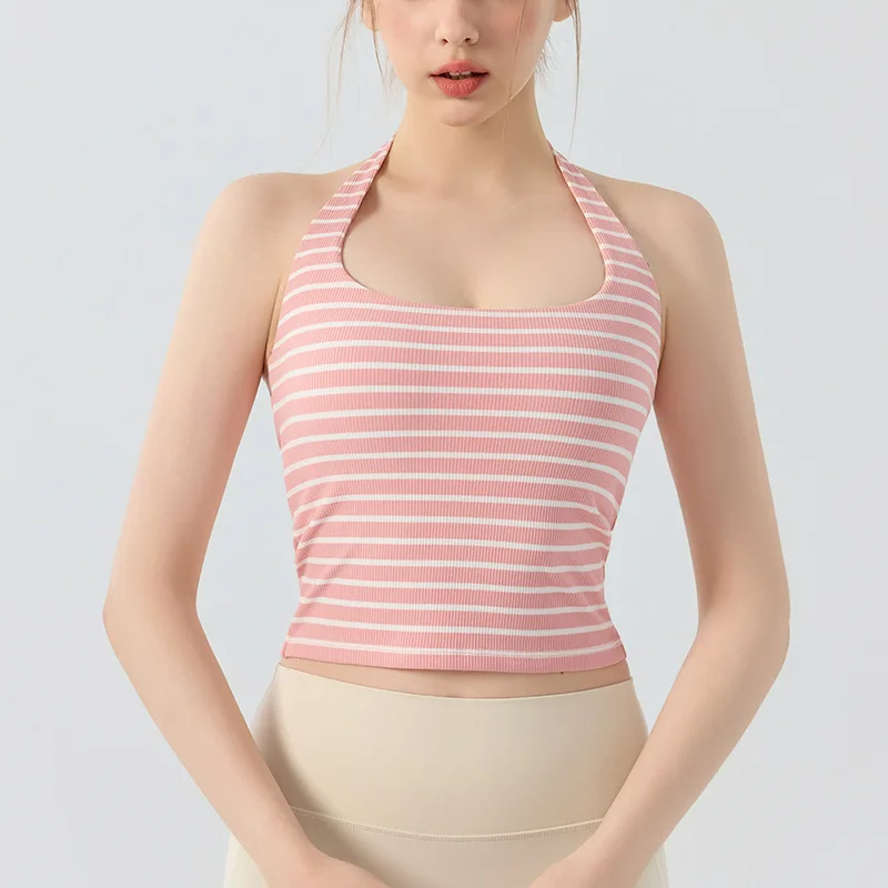 Sports bra shock-absorbing outerwear beautiful back suspender Pilates striped yoga vest chest cushion sexy gathering bra camisol