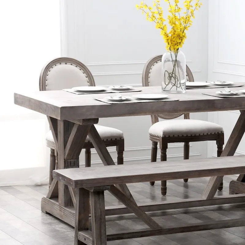 #Solid Wood Dining Table and Chairs: American-Style Distressed Gray Rectangular Bench, Commercial-Grade Bench