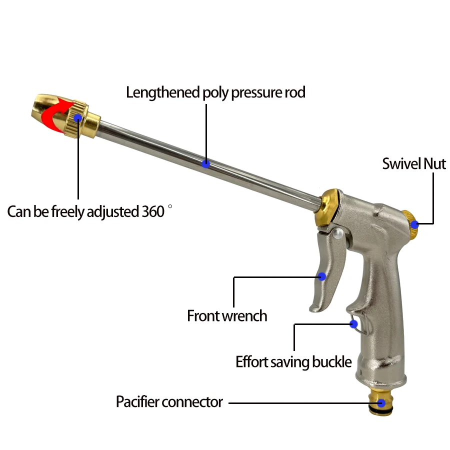 Pistola de agua de varilla larga de alta presión de Metal, pistola de agua de jardín portátil y ajustable con olla de espuma de 100Ml, Kit de riego de jardín, 1 ud.