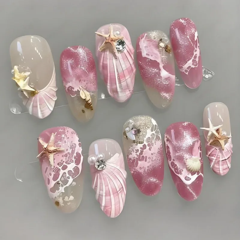 24PCS Almond False Nails Pink Ocean Wave 3D Starfish Shell French Press on Nails with Pearl Rhinestone Summer Mermaid Sweet Nail